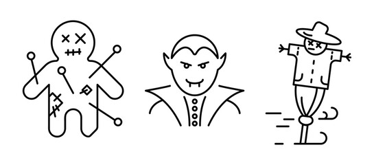 Vampire, dracula, cursed doll and scarecrow icon set. Set for Halloween concept. Linear icons set.