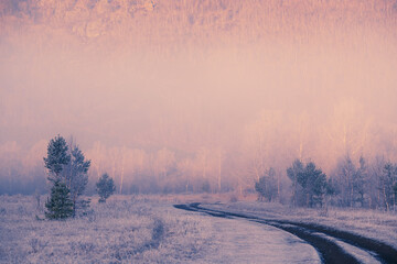 Road in winter mountains. Trees with hoarfrost in foggy morning. Beautiful winter landscape. South Ural, Russia