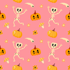 Vector pattern with a funny skeleton, pumpkins and ghosts, in a flat style on a pink background. Illustration for Halloween, T-shirts, gift wrapping, postcards, banners