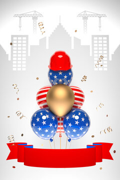 Air balloons in the colors of the USA flag and a red protective helmet on a urban silhouette background. 3D render template for the Labor Day or a real estate company anniversary congratulation.