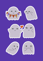 Set of stickers halloween ghosts. Vector hand drawn illustration
