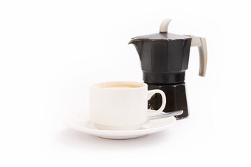 Moka coffee maker on white background and a mug