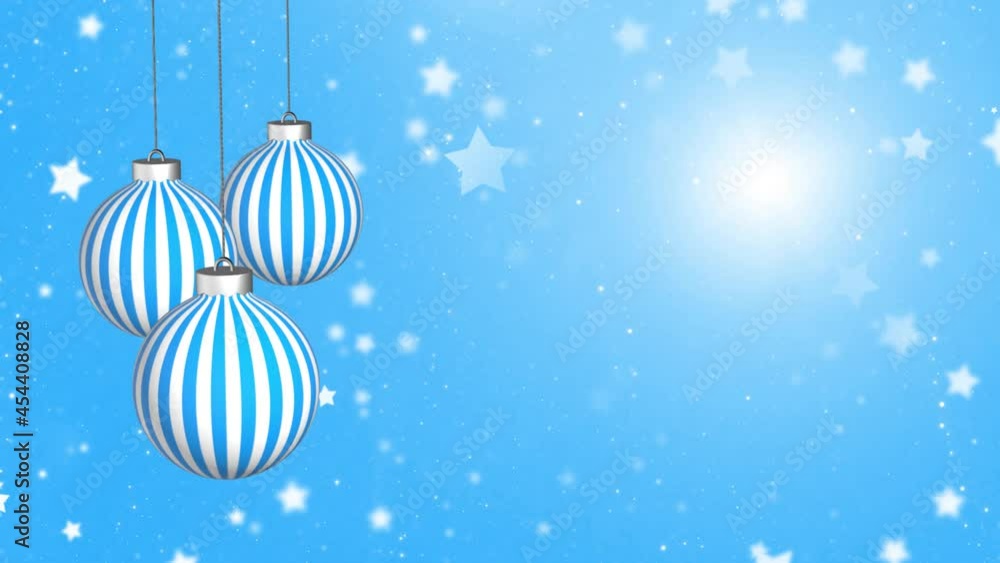 Poster beautiful blue christmas baubles swing on a string with lines pattern copy space animation backgroun