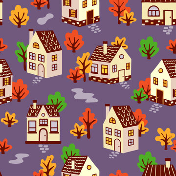 Seamless pattern with handdrawn houses and trees. Vector illustration.