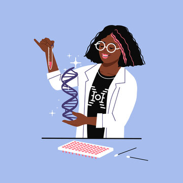 gene research - Geneticist in lab holding sample tube and dna strip. Genomic sequencing in medical laboratory by female doctor. Happy lab technician with swabs, equipment dna kit. photo 51 t shirt