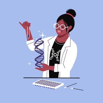 Geneticist in lab holding sample tube and dna strip. Genomic sequencing in medical research laboratory by female stem doctor. Happy lab technician with swabs, equipment dna kit. photo 51 t shirt

