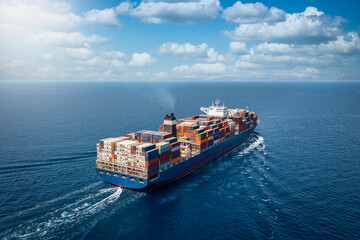A large container cargo ship travels over calm, blue ocean - obrazy, fototapety, plakaty
