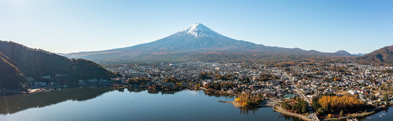 Aerial view of Lake Kawaguchi and Mount Fuji, Yamanashi Prefecture, Japan