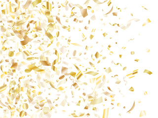 Holiday realistic gold confetti flying on black background.