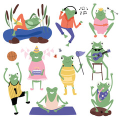 Vector set of cute cartoon green toads in clothes and different poses. Vector flat illustration.