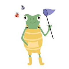 Cartoon green frog in a yellow jumpsuit with a net catching butterflies. Vector flat illustration.