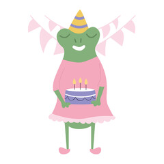 Cartoon green toad birthday girl in pink dress with cake blows out the candles. Vector flat illustration.