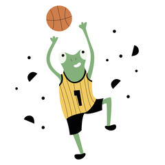 Athletic green toad in sports uniform plays basketball. Vector flat illustration.