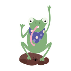 Cartoon green toad or frog eating dinner with a spider. Vector flat illustration.