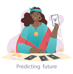 Fortune teller at work concept. Woman with supernatural abilities predicts future with help of tarot cards. Witch tells about fate. Cartoon flat vector illustration isolated on white background