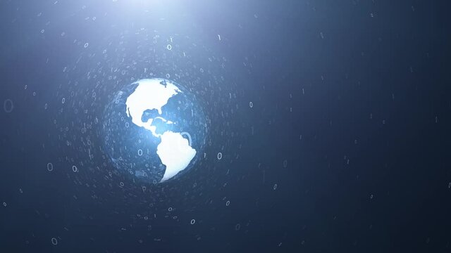 Conceptual 3d earth planet globe rotation on digital artificial intelligence cyberspace network with binary numbers animation background.	