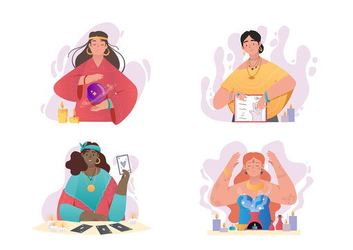 Collection of female characters predicting fate. Clairvoyants see future with help of crystal sphere, tarot cards, fire. Supernatural powers. Cartoon flat vector set isolated on white background