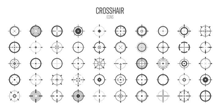 Crosshair, gun sight vector icons. Bullseye, black target or aim symbol. Military rifle scope, shooting mark sign. Targeting, aiming for a shot. Archery, hunting and sports shooting. Game UI element.