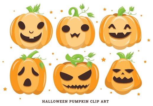 Halloween Pumpkin Jack-O-Lantern Illustrations with Cute Facial Expressions