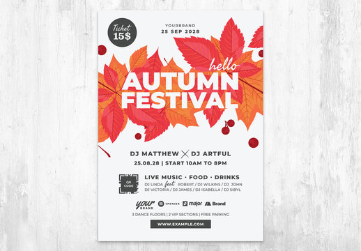 Autumn Fall Flyer with Red Leaves & White Background