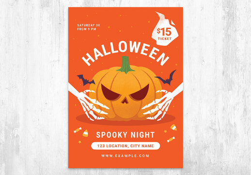 Halloween Flyer with Pumpkin Illustration & Skeleton Hands