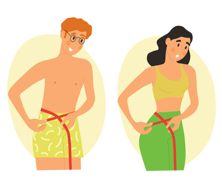 People measure their waist with tape concept. Man and women will learn their anthropometric data. Beautiful slim figure. Sports character. Cartoon flat vector illustration isolated on white background