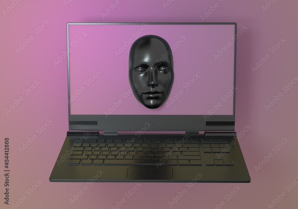 Poster minimal surreal 3d illustration with a laptop and a face appearing from its screen. concept of cyber