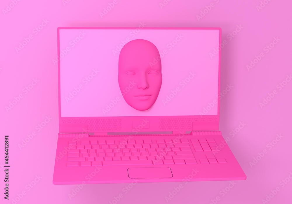 Poster Minimal surreal 3D illustration with a laptop and a face appearing from its screen. Concept of cybersecurity and computer hacker.