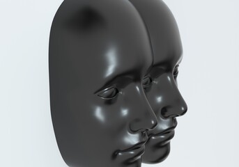 Surreal 3d illustration of two сonjoined faces in a wall. Concept of psychological and mental health issues.