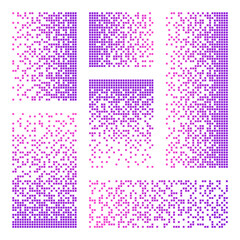 Pixel disintegration, decay effect. Various rectangular elements made of colorful square shapes. Dispersed dotted pattern. Mosaic texture with simple particles. Vector illustration.