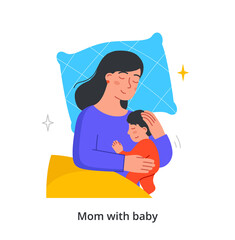 Mom and son concept. Woman lies with small child and hugs him tightly. Happy period of motherhood and taking care of baby. Cartoon doodle flat vector illustration isolated on white background