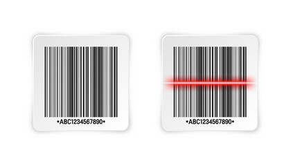 Realistic barcode sticker. Identification tracking code. Serial number, product ID with digital information. Store or supermarket scan labels, price tag. Vector illustration.