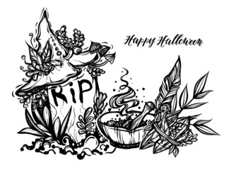 Vector illustration, Halloween, mystic, witchcraft, gravestone, crystals. handmade, prints, tattoo