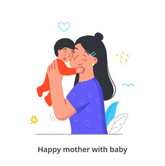 Cute woman with her son. Mom holds her baby in arms and kisses him on cheek. Manifestation of tenderness and affection for small child. Cartoon flat vector illustration isolated on white background