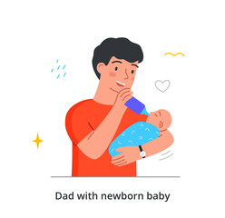 Dad feeds baby concept. Young man holds bottle with special milk mixture, child drinks nutritious liquid. Father love and care. Cartoon modern flat vector illustration isolated on white background