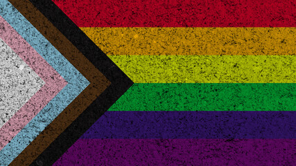 LGBTQ+ rainbow flag. Symbol of the lesbian, gay, bisexual and transgender community. Black and brown stripes to represent the outcast. Flag on decorative plaster or concrete texture. 