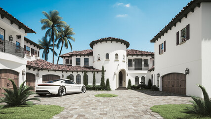 Fototapeta na wymiar Luxury villa with a car. Expensive car in the courtyard. Sports car on the luxury house. 3d illustration