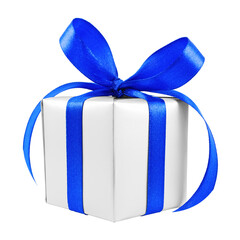 Silver gift wrapped present with blue satin bow isolated on white