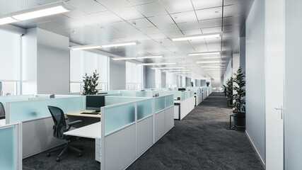 Interior of an empty office space. Empty workstations in the office. Stylish contemporary office space. 3d illustration
