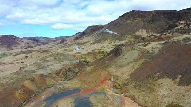 Beautiful aerial over the Hveragerdi geothermal region along the mid Atlantic ridge in Iceland.