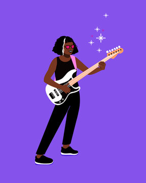 Guitar player with electric guitar on stage. Female guitarist playing music on live show. Rock performance concert with instrument. happy musician making music.