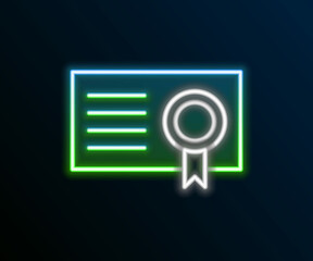 Glowing neon line Certificate template icon isolated on black background. Achievement, award, degree, grant, diploma concepts. Colorful outline concept. Vector