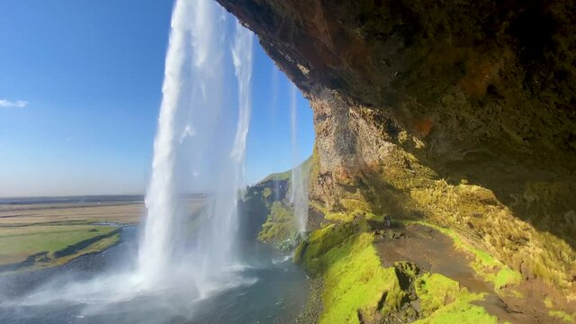 Establishing shot of the beautiful Seljalandsfoss waterfall in South Iceland.
