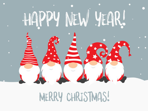 Happy New Year 2022 and merry christmass poster design with gnomes, christmass characters for decoration of xmas holidays, new year banner, calendar cover, greeting card. Vector illustration
