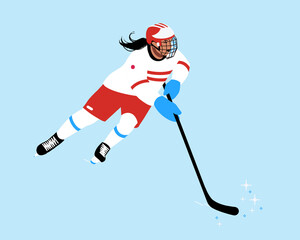 Ice Hockey player skating on ice. Fast female skater team sports player holding hockey stick. Hockey champion in competitive sport. Athlete practice of winter sports. 