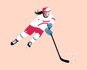 Ice Hockey player skating on ice. Fast female skater team sports player holding hockey stick. Hockey champion in competitive sport. Athlete practice of winter sports. 