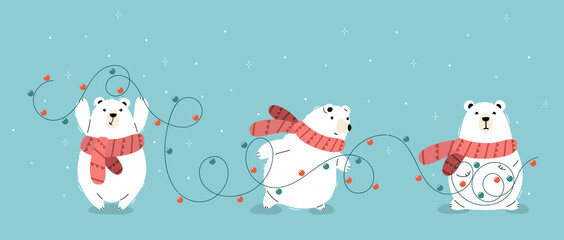 Set of three vector polar bears in orange scarves carrying garland for Christmas.