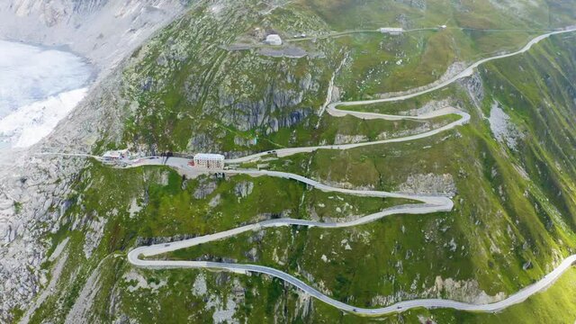 Switzerland, aerial view of Furka pass - high mountain pass in the Swiss Alps connecting Gletsch, Valais with Realp, Uri. 