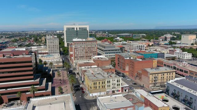 2021- Aerial Establishing Shot Downtown Business District Of Stockton, California.