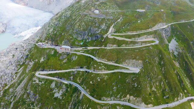 Switzerland, aerial view of Furka pass - high mountain pass in the Swiss Alps connecting Gletsch, Valais with Realp, Uri. 